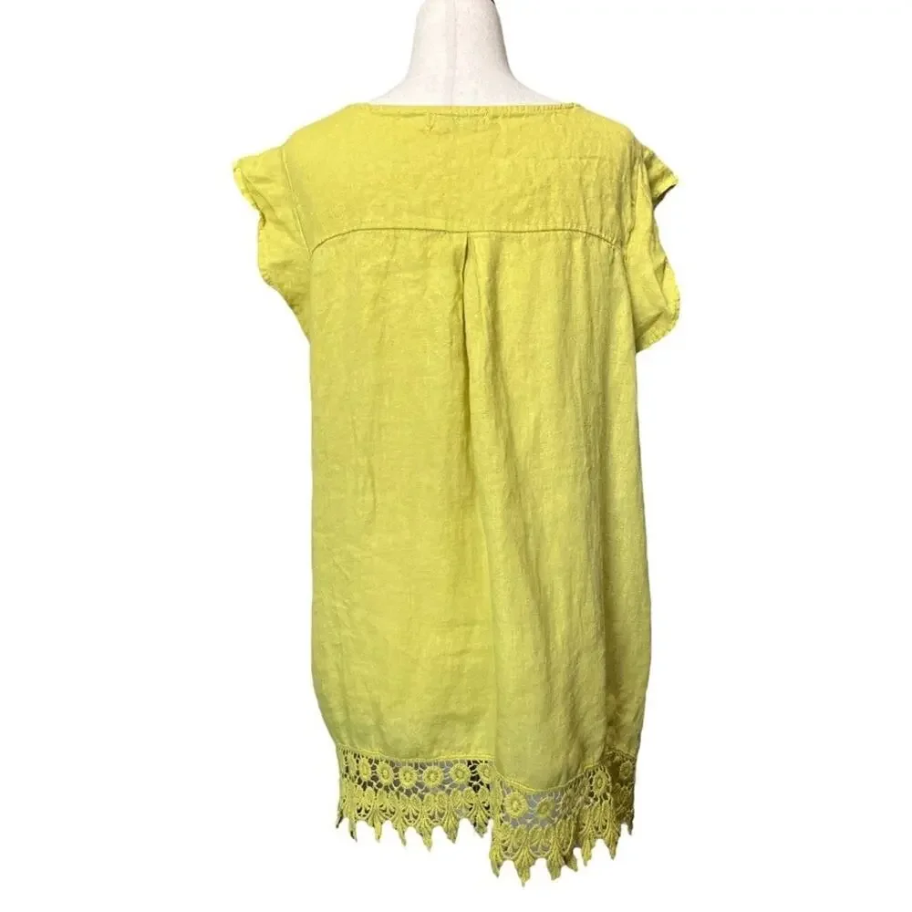 Terzo Millenio LINEN Chartreuse Crochet Lace Cap Sleeve Top Shirt Blouse L‎